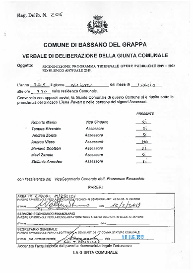 PROGRAMMA TRIENNALE OPERE PUBBLICHE 2019/2021 ED ELENCO ANNUALE 2019. ADOZIONE RICOGNIZIONE - DGC N. 206 DEL 18/07/2019