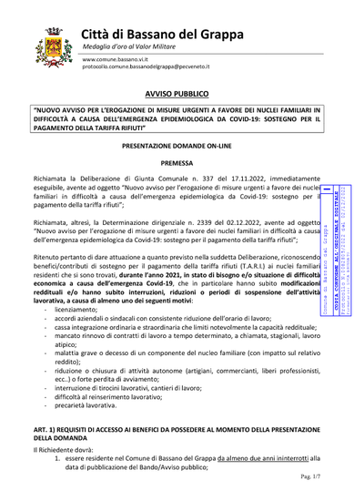 AVVISO PUBBLICO - “NUOVO AVVISO PER L’EROGAZIONE DI MISURE URGENTI A FAVORE DEI NUCLEI FAMILIARI IN DIFFICOLTÀ A CAUSA DELL’EMERGENZA EPIDEMI...