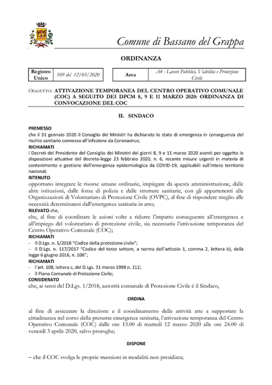 ORDINANZA DEL SINDACO N. GEN. 109/2020 DEL 12.03.2020