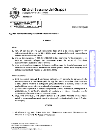 Decreto del Sindaco prot. n. 45700 del 21.07.2020 - Nomina di tre componenti del Nucleo di Valutazione