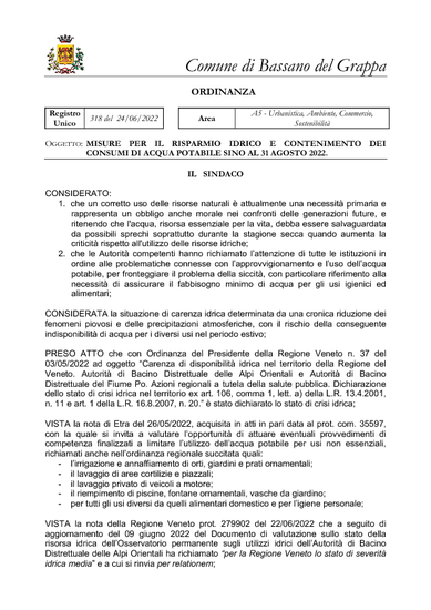 Ordinanza sindacale n. 318 del 24/06/2022