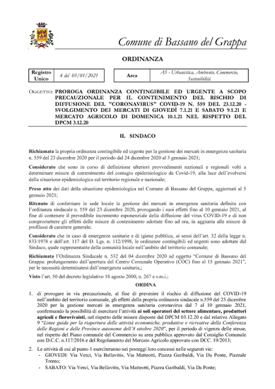 ORDINANZA DEL SINDACO N. 4/2021 del 05/01/2021