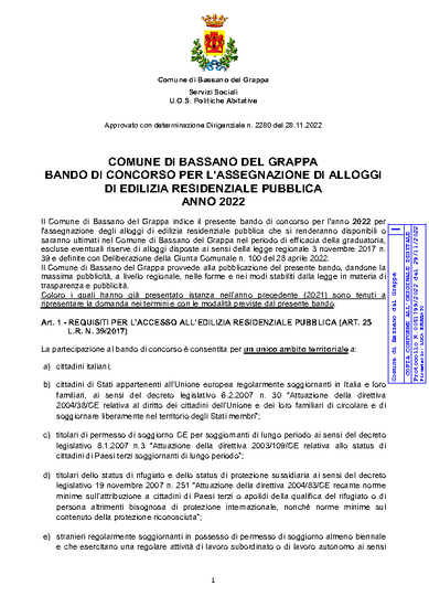 BANDO DI CONCORSO PER L'ASSEGNAZIONE DI ALLOGGI DI EDILIZIA RESIDENZIALE PUBBLICA ANNO 2022