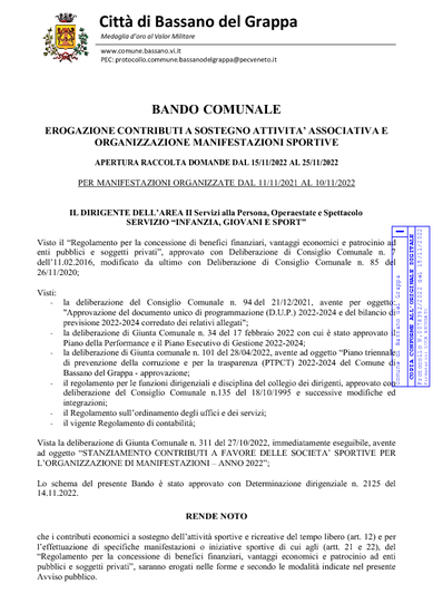 BANDO COMUNALE EROGAZIONE CONTRIBUTI A SOSTEGNO ATTIVITA’ ASSOCIATIVA E ORGANIZZAZIONE MANIFESTAZIONI SPORTIVE - ANNO 2022