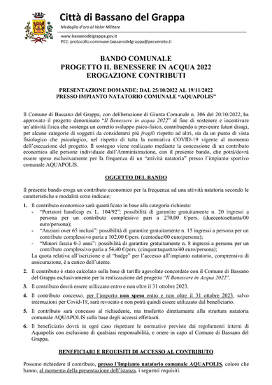 BANDO COMUNALE PROGETTO IL BENESSERE IN ACQUA 2022 EROGAZIONE CONTRIBUTI PRESENTAZIONE DOMANDE: DAL 25/10/2022 AL 19/11/2022 PRESSO IMPIANTO NATATOR...