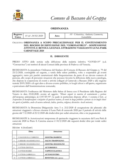 ORDINANZA DEL DIRIGENTE DELL'AREA QUINTA N. GEN. 81/2020 DEL 24.02.2020