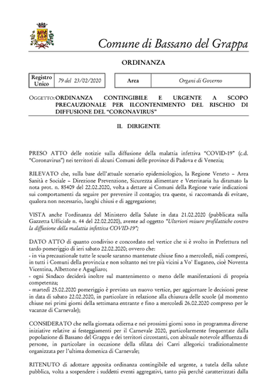 ORDINANZA DEL SINDACO N. GEN.79/2020 DEL 23.02.2020