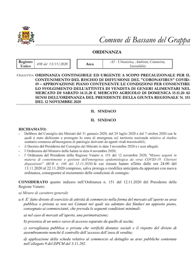 ORDINANZA DEL SINDACO N.498/2020 del 13/11/2020