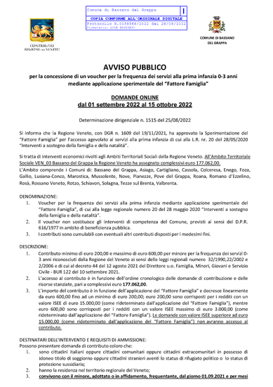 Voucher per la frequenza dei servizi alla prima infanzia 0-3 anni mediante applicazione sperimentale del “Fattore Famiglia”