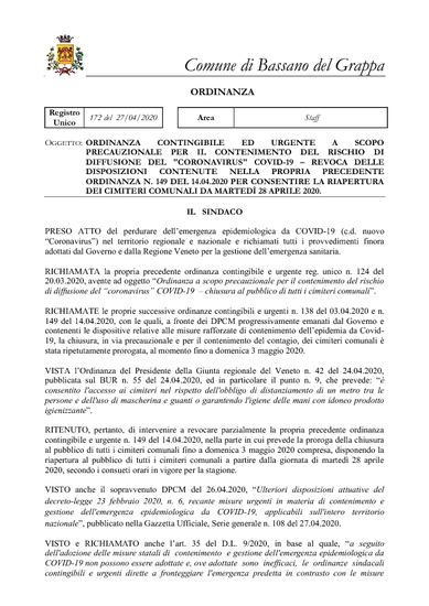 ORDINANZA DEL SINDACO N. GEN. 172/2020 DEL 27.04.2020