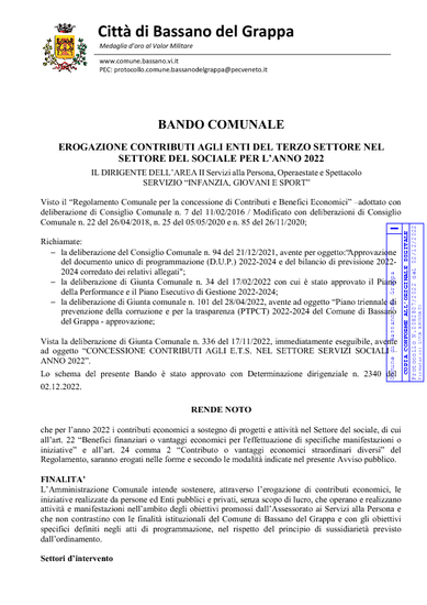 BANDO COMUNALE - EROGAZIONE CONTRIBUTI AGLI ENTI DEL TERZO SETTORE NEL SETTORE DEL SOCIALE PER L’ANNO 2022