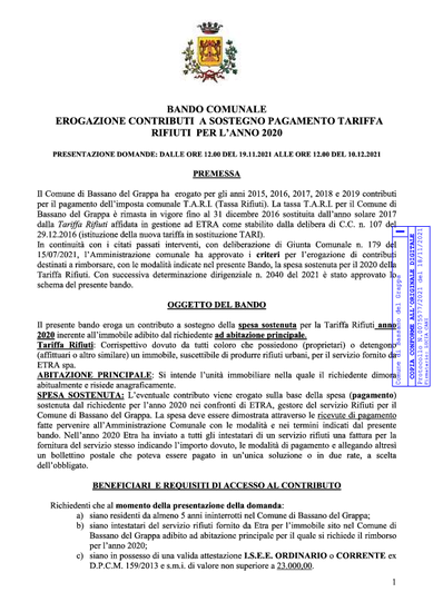 BANDO COMUNALE  EROGAZIONE CONTRIBUTI A SOSTEGNO PAGAMENTO TARIFFA  RIFIUTI PER L’ANNO 2020