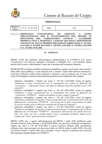 ORDINANZA DEL SINDACO N. GEN. 149/2020 DEL 14.04.2020