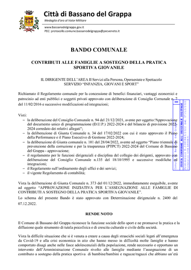 BANDO COMUNALE - CONTRIBUTI ALLE FAMIGLIE A SOSTEGNO DELLA PRATICA  SPORTIVA GIOVANILE