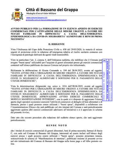 AVVISO PUBBLICO PER LA FORMAZIONE DI UN ELENCO APERTO DI ESERCIZI COMMERCIALI PER L’ATTIVAZIONE DELLE MISURE URGENTI A FAVORE DEI NUCLEI FAMILIARI...