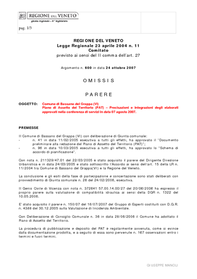 Valutazione Tecnica Regionale n. 600 in data 24.10.2007 