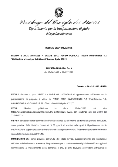 Decreto di Finanziamento 1.2 - Abilitazione CLOUD PA locali Comuni (aprile 2022)