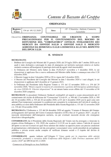 ORDINANZA DEL SINDACO N. 534/2020 del 09/12/2020