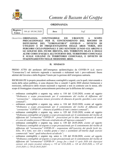 ORDINANZA DEL SINDACO N. GEN. 144/2020 DEL 09.04.2020