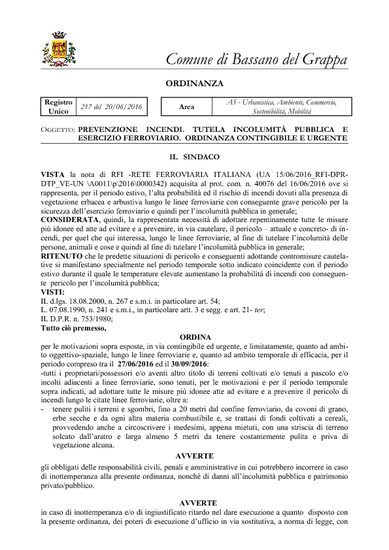 ORDINANZA DEL SINDACO N.217/2016 del 20/06/2016