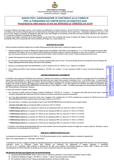 BANDO PER L’ASSEGNAZIONE DI CONTRIBUTI ALLE FAMIGLIE PER LA FREQUENZA DEI CENTRI ESTIVI ACCREDITATI 2022 (PRESENTAZIONE DELLE ISTANZE ON LINE DAL...