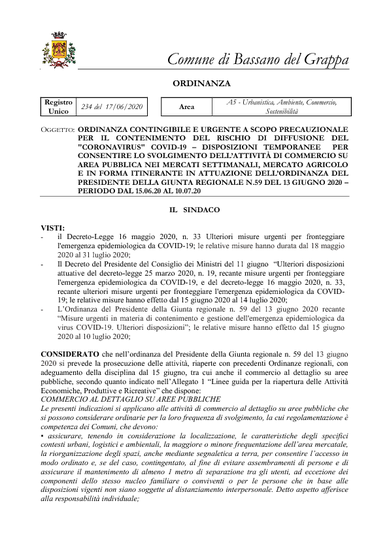 ORDINANZA DEL SINDACO N.234/2020 del 17/06/2020