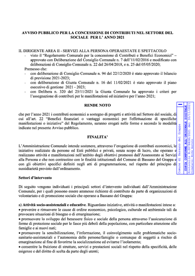 AVVISO PUBBLICO PER LA CONCESSIONE DI CONTRIBUTI NEL SETTORE DEL  SOCIALE PER L’ ANNO 2021 