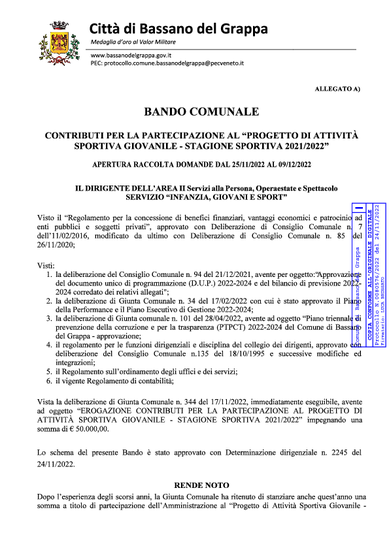 BANDO COMUNALE “CONTRIBUTI PER LA PARTECIPAZIONE AL “PROGETTO DI ATTIVITÀ SPORTIVA GIOVANILE - STAGIONE SPORTIVA 2021/2022”