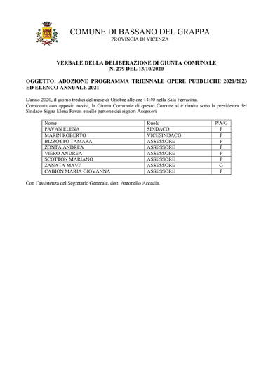 PROGRAMMA TRIENNALE OPERE PUBBLICHE 2021/2023 ED ELENCO ANNUALE 2021 - ADOZIONE con Deliberazione di Giunta Comunale n. 279 del 13/10/2020