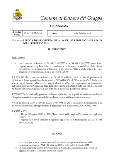 ORDINANZA DEL DIRIGENTE DELL'AREA SESTA N. GEN. 80/2020 DEL 23.02.2020