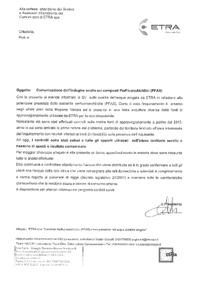 comunicazione dell'indagine svolta sui composti PFAS 