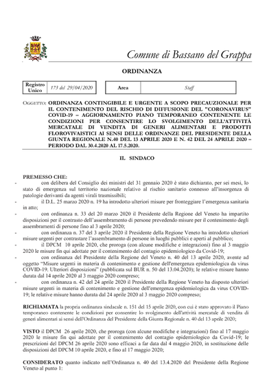 ORDINANZA DEL SINDACO N. GEN. 173/2020 DEL 29.04.2020