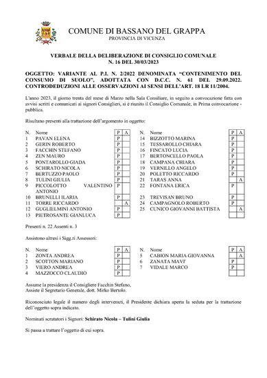 Deliberazione di Consiglio Comunale n. 16 del 30/03/2023 di controdeduzione alle Osservazioni con relativo elaborato