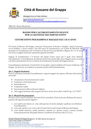 BANDO PER L’ACCREDITAMENTO DI ENTI  PER LA GESTIONE DEI SERVIZI ESTIVI  - CENTRI ESTIVI PER BAMBINI E RAGAZZI DAI 3 AI 14 ANNI  - ESTATE 2022