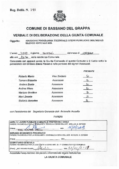 PROGRAMMA TRIENNALE OPERE PUBBLICHE 2020/2022 ED ELENCO ANNUALE 2020 - ADOZIONE con Deliberazione di Giunta Comunale n. 293 del 15/10/2019