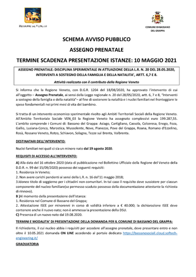 ASSEGNO PRENATALE: DISCIPLINA SPERIMENTALE IN ATTUAZIONE DELLA L.R. NB. 20 DEL 28.05.2020, INTERVENTI A SOSTEGNO DELLA FAMIGLIA E DELLA NATALITA', A...