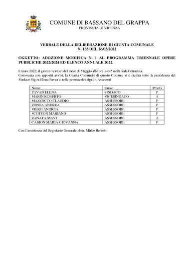 2022 - 2024 Deliberazione di G.C. n. 135 del 26/05/2022 di adozione modifica n. 1 al programma triennale