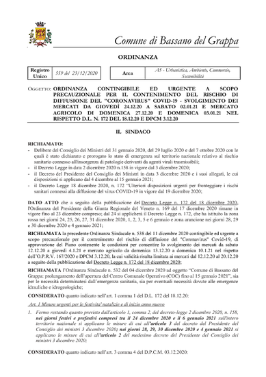 ORDINANZA DEL SINDACO N.559/2020 del 23/12/2020