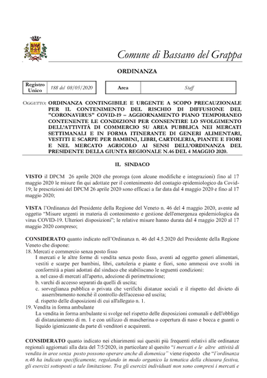 ORDINANZA DEL SINDACO N. GEN. 188/2020 DELL'08.05.2020