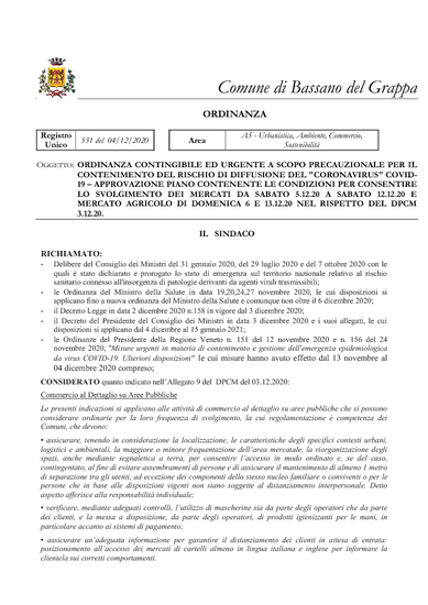 ORDINANZA DEL SINDACO N.531/2020 del 04/12/2020