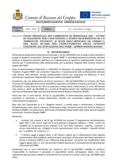 Approvazione bando avviso di selezione assunzione a TD di un dirigente tecnico per l’espletamento delle attività connesse all’attuazione del PNRR