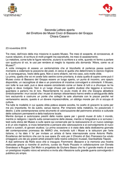 Seconda lettera aperta del Direttore dei Musei Civici di Bassano del Grappa Chiara Casarin