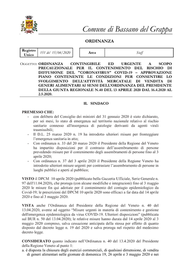 ORDINANZA DEL SINDACO N. GEN. 151/2020 DEL 15.04.2020