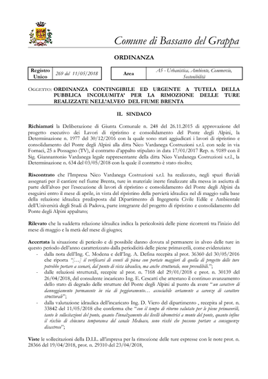 ORDINANZA DEL SINDACO N.269/2018 del 11/05/2018