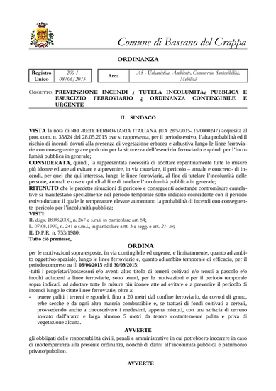 ORDINANZA DEL SINDACO N. 200/2015 DEL 08/06/2015