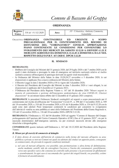 ORDINANZA DEL SINDACO N.538 del 11/12/2020