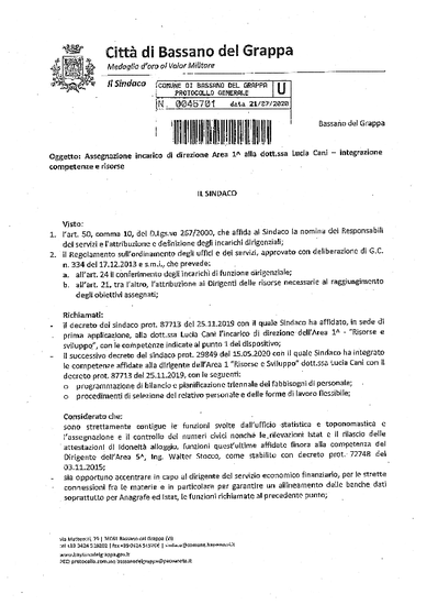 Decreto del Sindaco prot. n. 45701 del 21.07.2020 - incarico direzione Area Prima - integrazione competenze e risorse