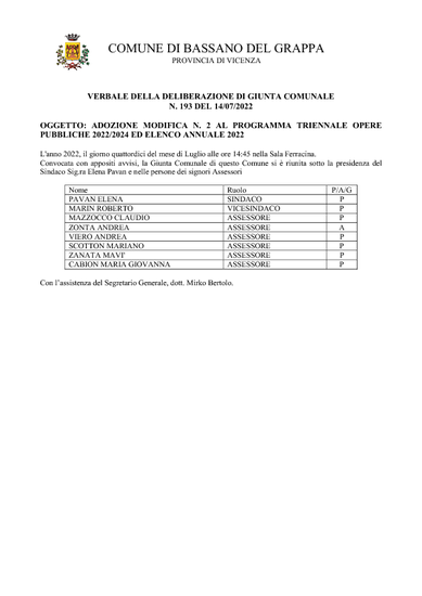 2022 - 2024 DELIBERAZIONE DI GIUNTA COMUNALE N. 193 DEL 14/07/2022 ADOZIONE MODIFICA N. 2 AL PROGRAMMA TRIENNALE OPERE PUBBLICHE 2022/2024 ED ELENCO...