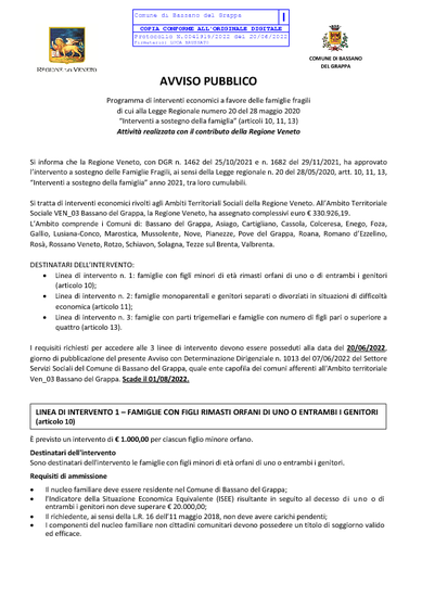 AVVISO PUBBLICO - Programma di interventi economici a favore delle famiglie fragili di cui alla Legge Regionale numero 20 del 28 maggio 2020 “Inte...