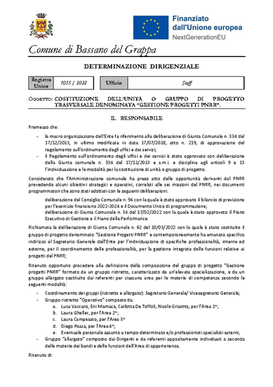 Costituzione del gruppo di progetto “Gestione Progetti PNRR